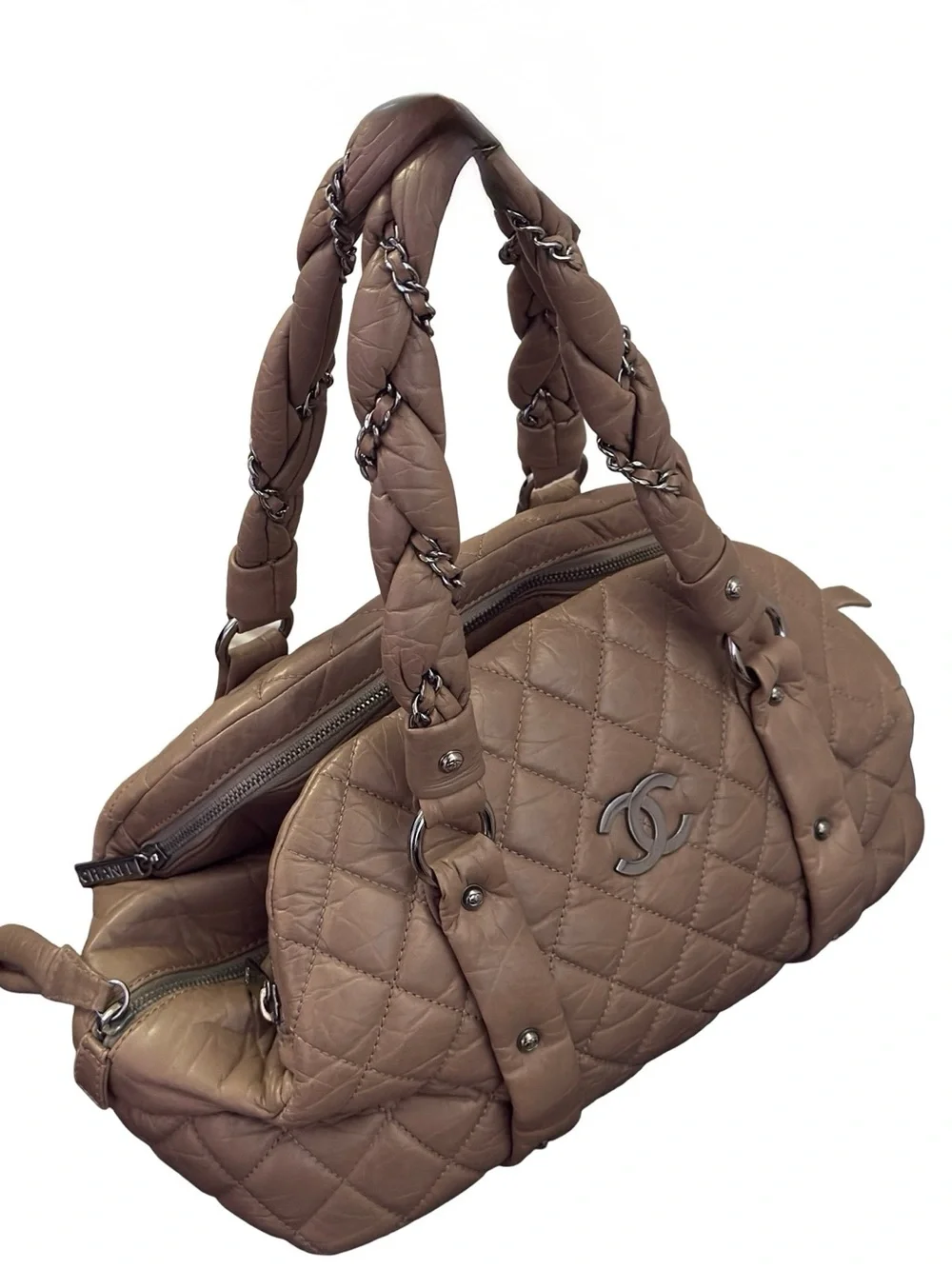 Chanel Lady Braid Bowler Bag Distressed Lambskin Taupe Quilted Satchel 13”